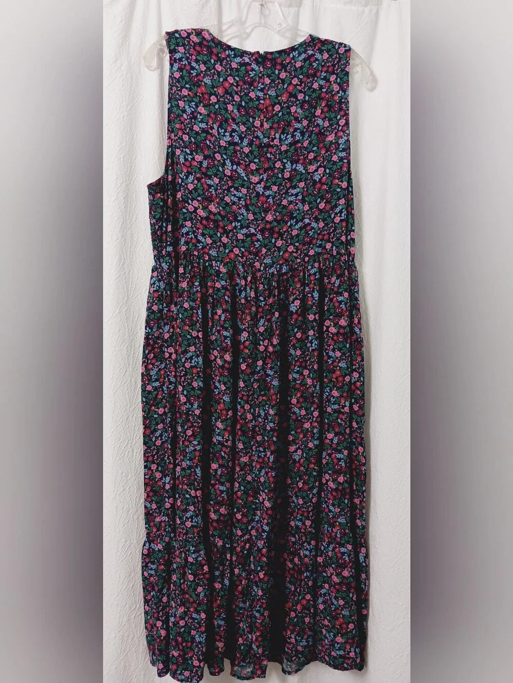 J. CREW Smoked Floral Midi Dress in Navy- Pink-Green Pockets,Zip On Back Size XL